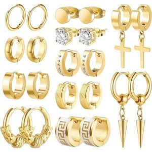 Mens Earrings 11 Pairs Stainless Steel Small Hoop Earrings Cross Dangle Men